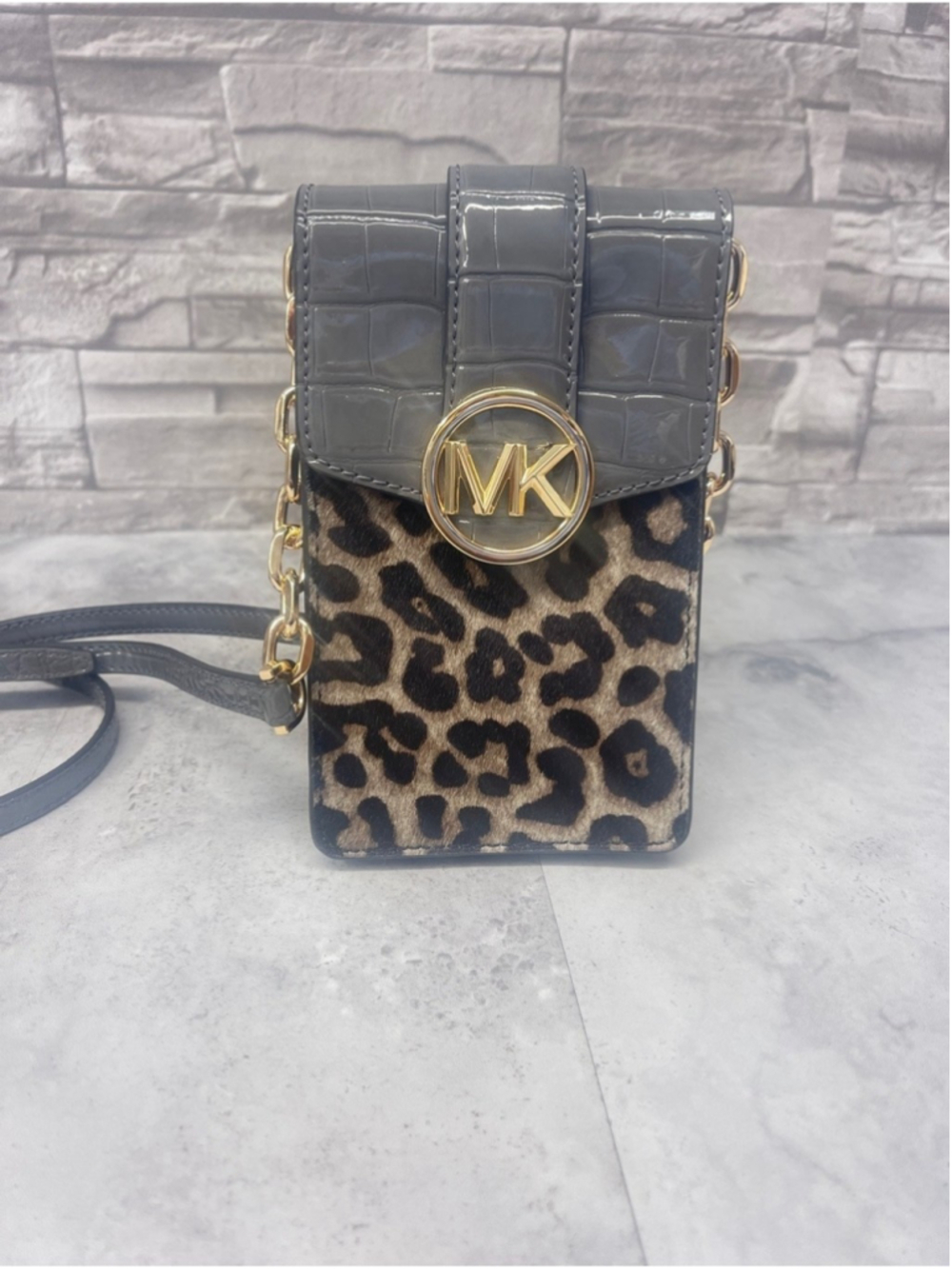 Michael Kors Carmen Phone Crossbody Heather Gray Cheetah Calf Hair Chain Strap